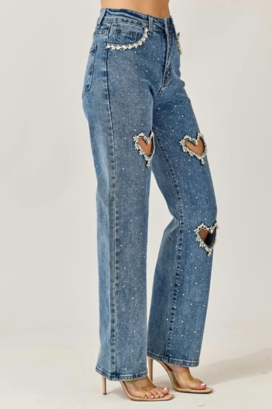 Crystal Embellished Heart Cutout Jeans