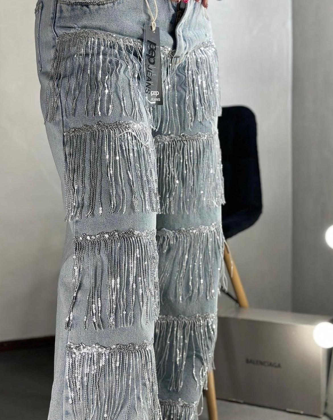Sequin Fringe Denim Jeans