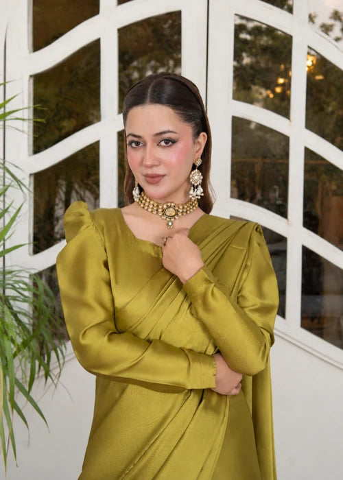 Mustard green saree with square neck puff sleeve blouse detail