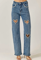 Crystal Embellished Heart Cutout Jeans