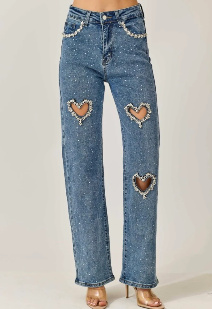 Crystal Embellished Heart Cutout Jeans