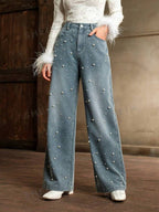 Pearl Embellished Wide-Leg Denim Jeans