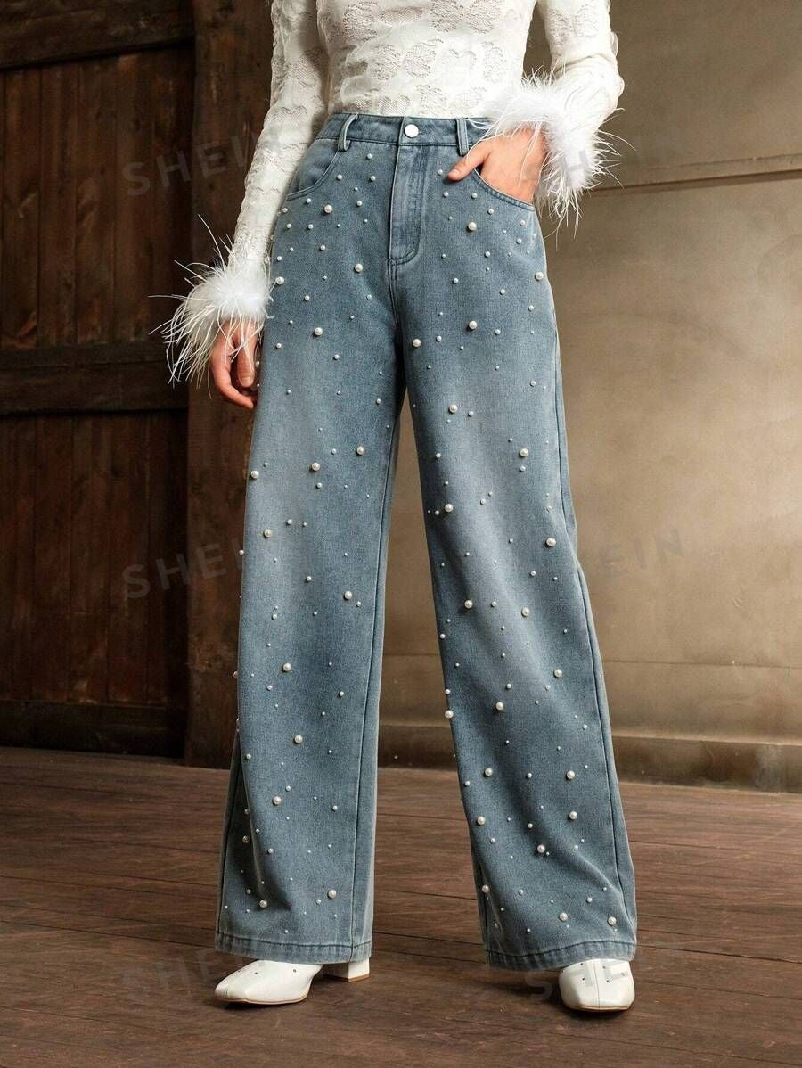 Pearl Embellished Wide-Leg Denim Jeans