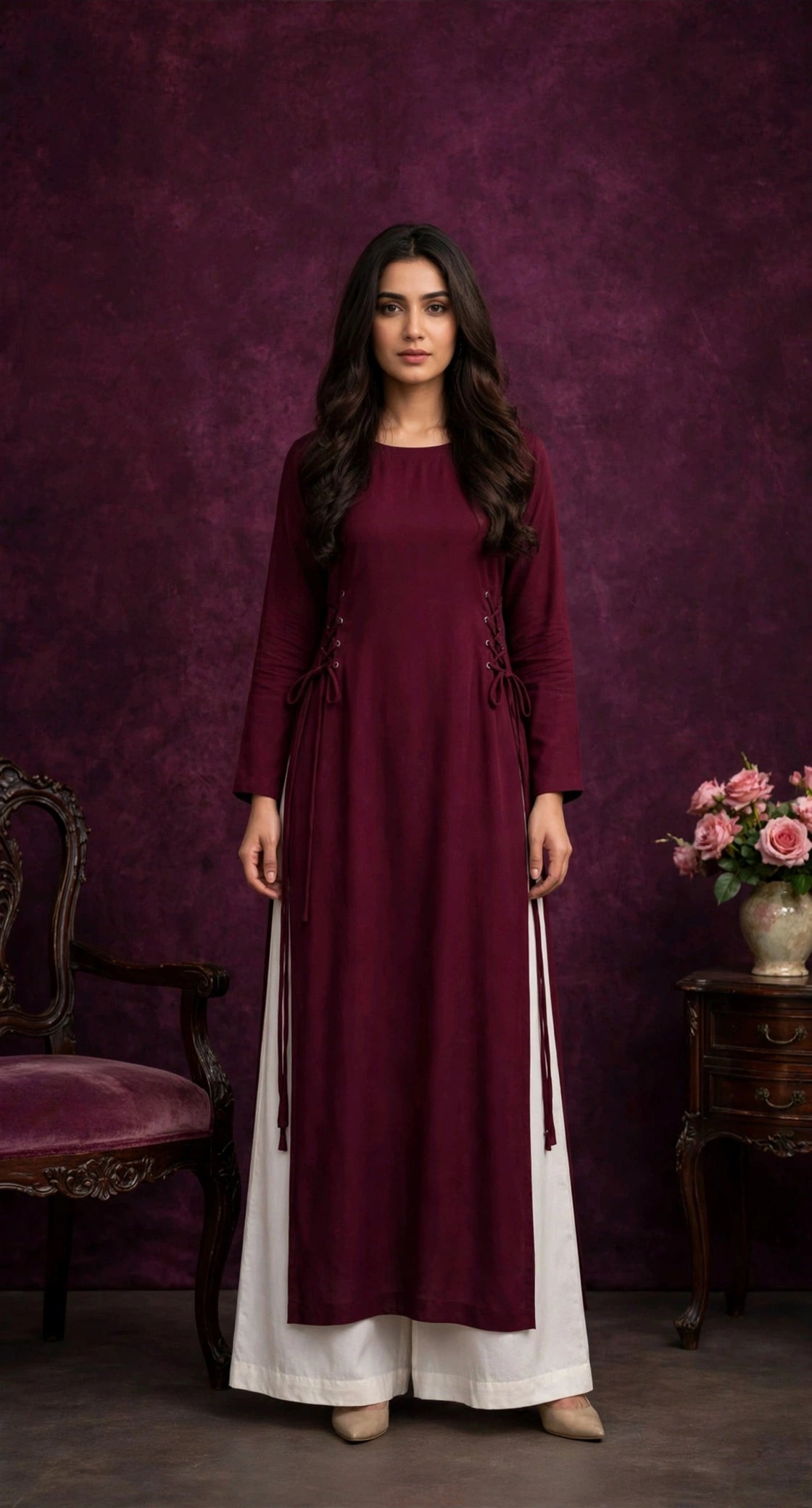 Maroon Side Tie Kurta with White Palazzo