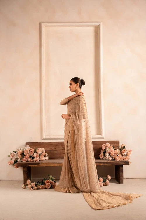 Nude gold shimmer saree gown draped with flowing pallu, side view