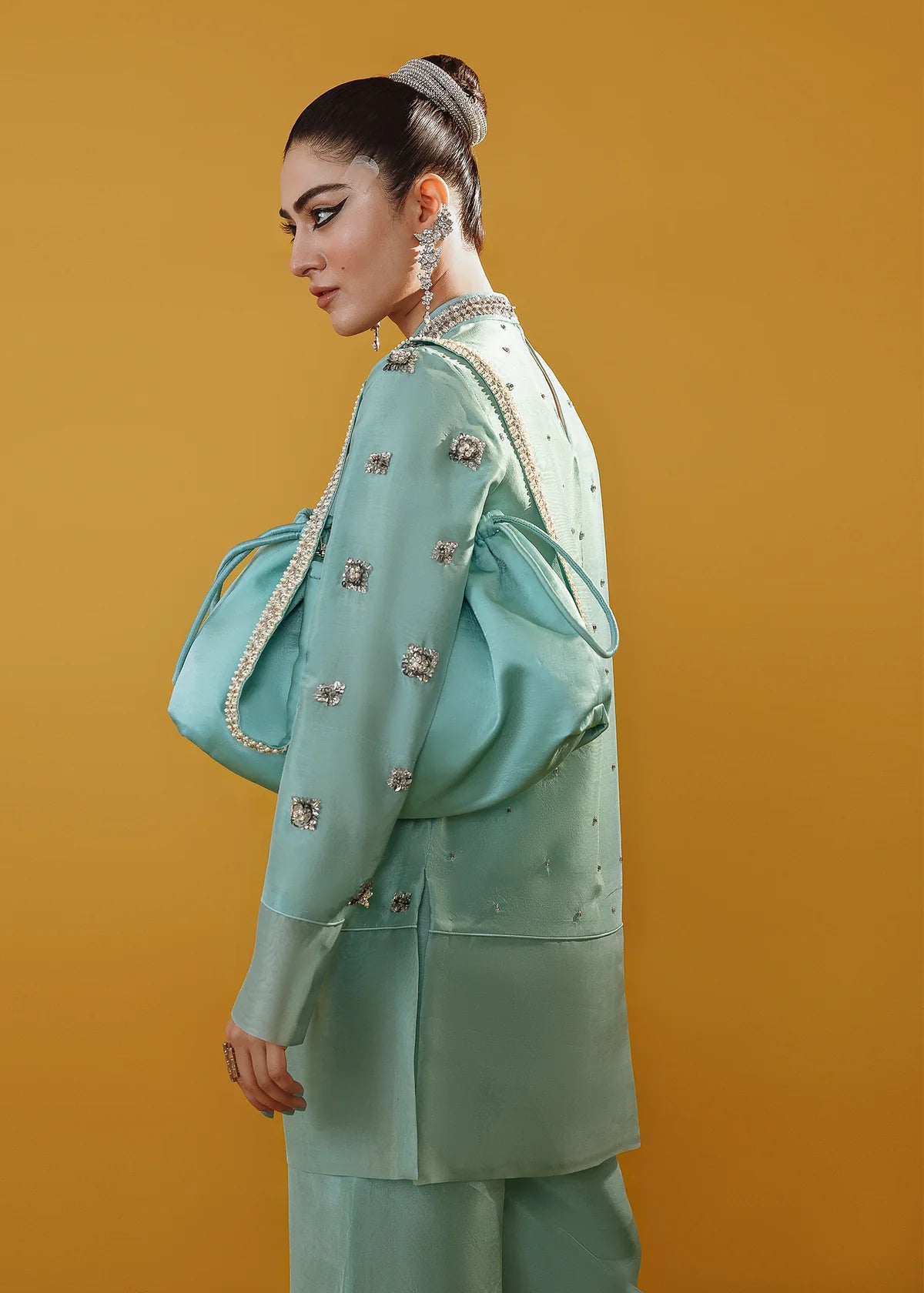 Seafoam Green Sequin & Rhinestone Kurta Set