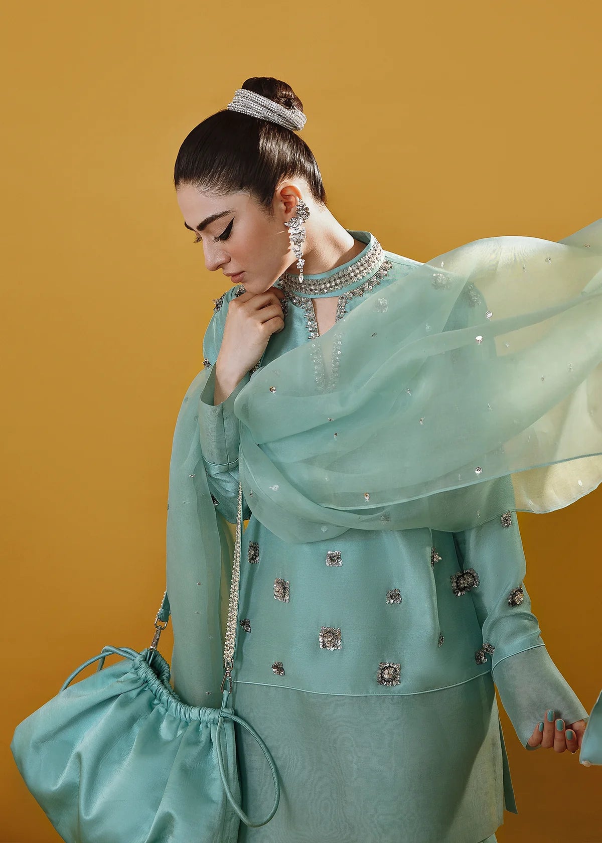 Seafoam Green Sequin & Rhinestone Kurta Set