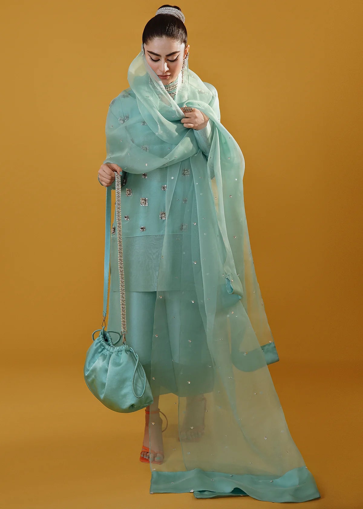 Seafoam Green Sequin & Rhinestone Kurta Set