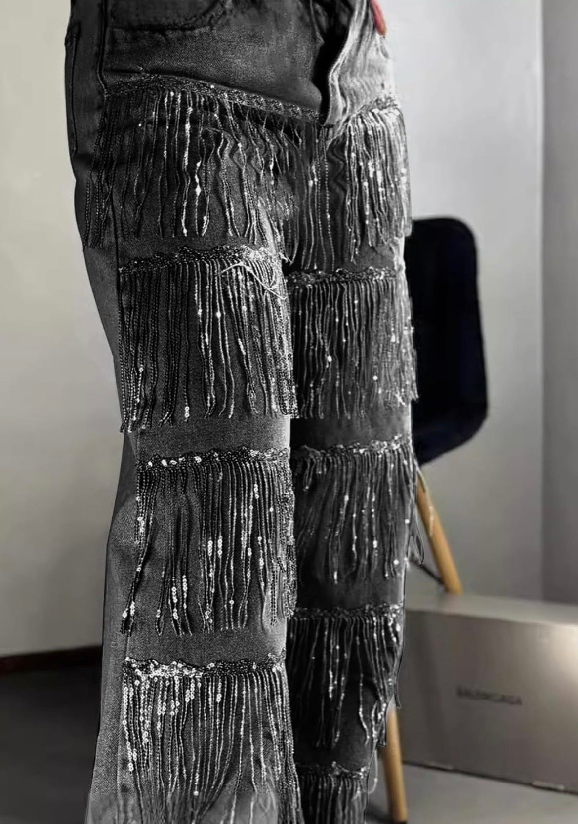 Sequin Fringe Denim Jeans