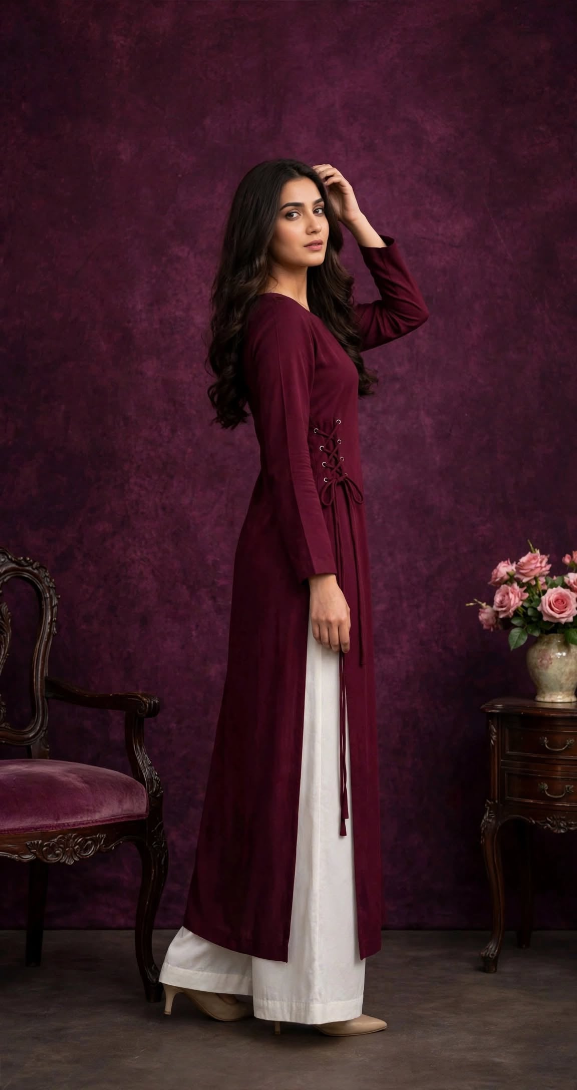 Maroon Side Tie Kurta with White Palazzo