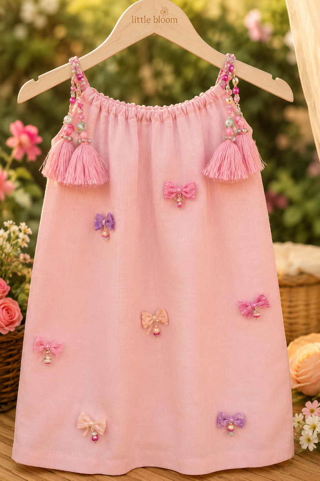 A pink sleeveless dress with tassel shoulder straps and small bow embellishments, hanging on a wooden hanger labeled 'little bloom' against a blurred garden background.