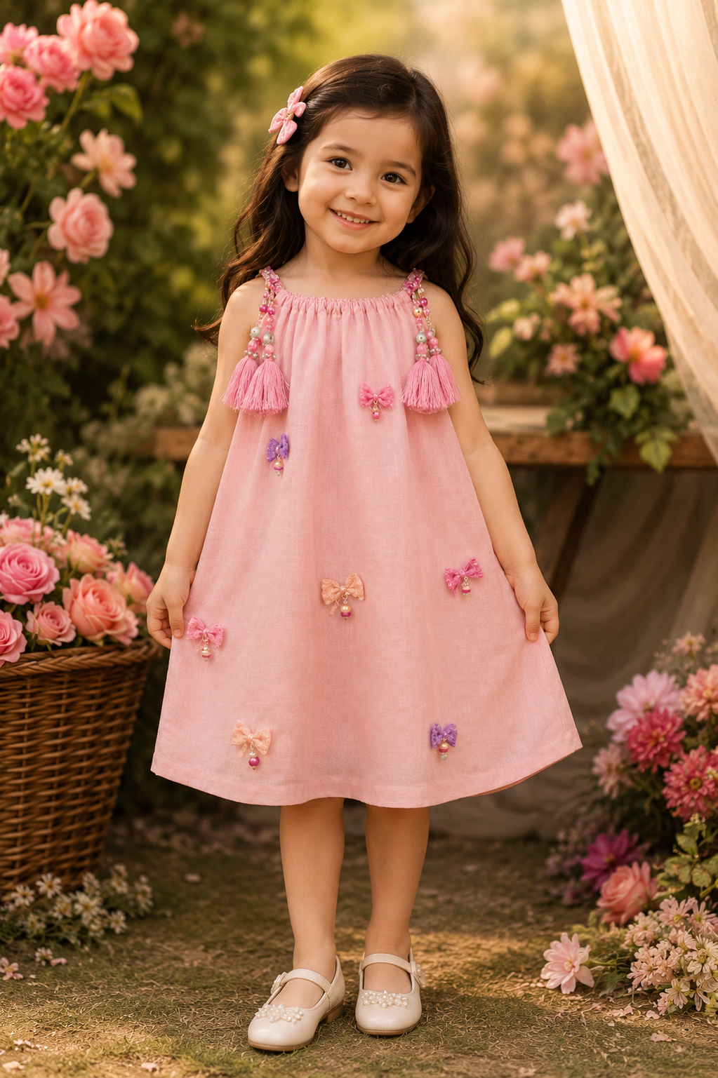 Girl wearing pink tasseled sundress with bow charm details - Aatish Kids