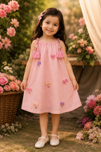 Girl wearing pink tasseled sundress with bow charm details - Aatish Kids