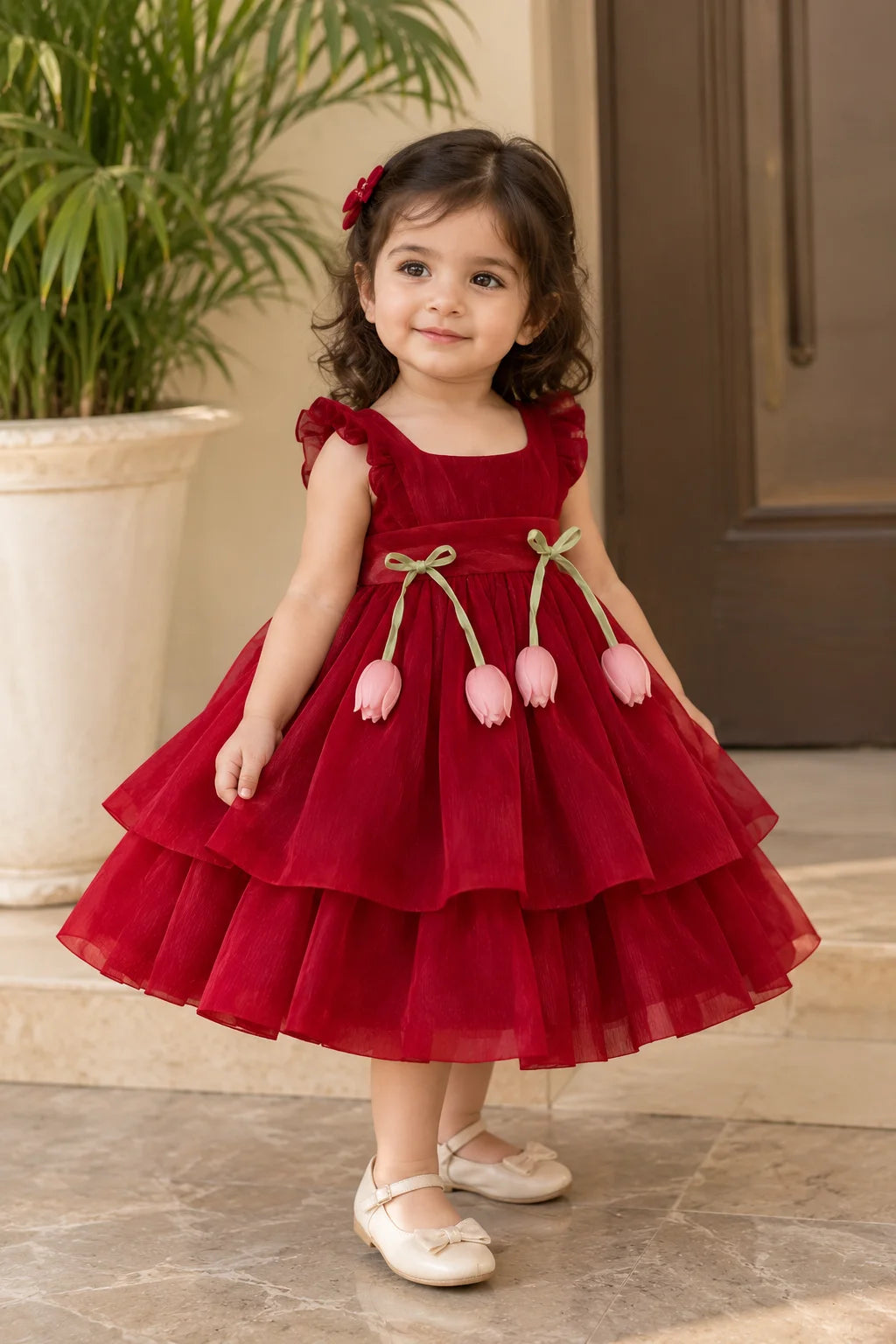 A young girl with dark curly hair wearing a red tiered tulle dress with pink tulip embellishments and white Mary Jane shoes, standing on stone steps in front of a potted plant.