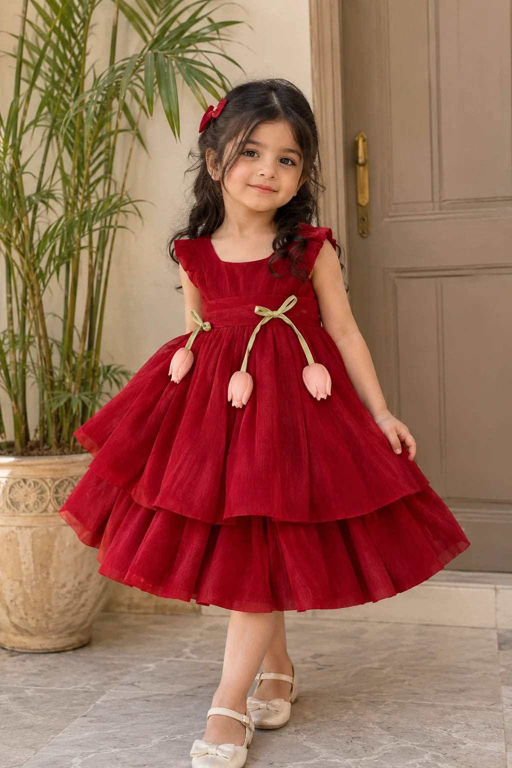 A young girl wearing a red tiered party dress with gold trim and bow details, standing in front of a beige door and potted plant.