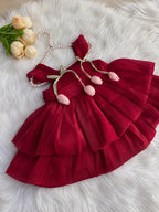 Red tiered tulip dress for girls with ribbon waist tie - Aatish Kids