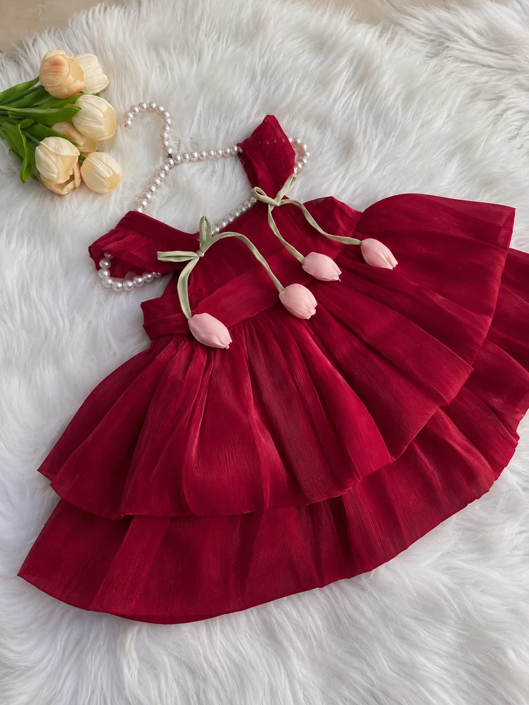 Red tiered tulip dress for girls with ribbon waist tie - Aatish Kids