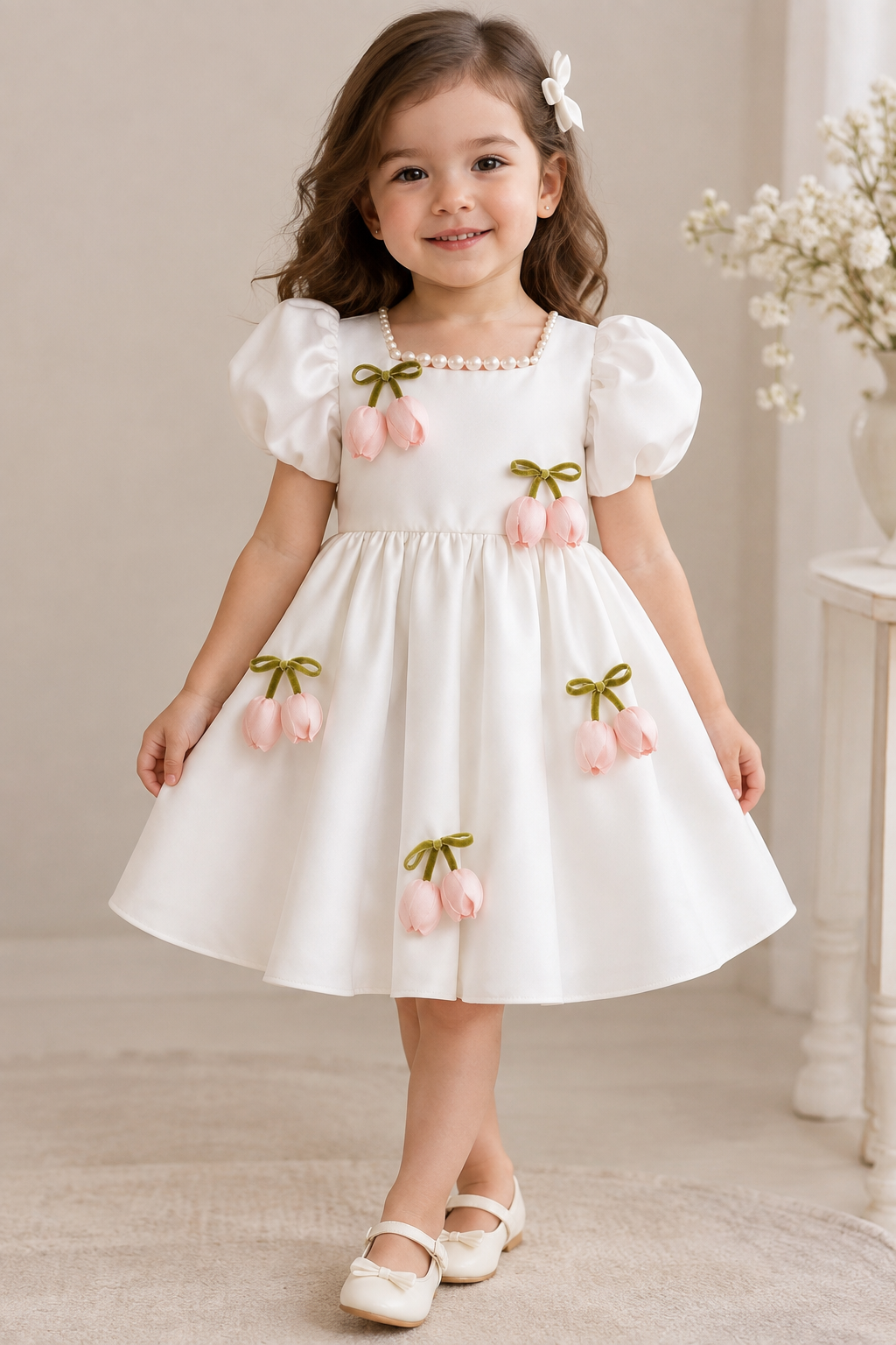 A young girl with long brown hair wearing a white puff-sleeve dress decorated with pink cherry motifs and green bows, standing in a softly lit indoor setting.