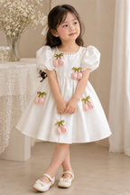 A young girl wearing a white puff-sleeve dress with pink cherry embellishments and white Mary Jane shoes, standing in a softly lit indoor room with curtains and a table in the background.