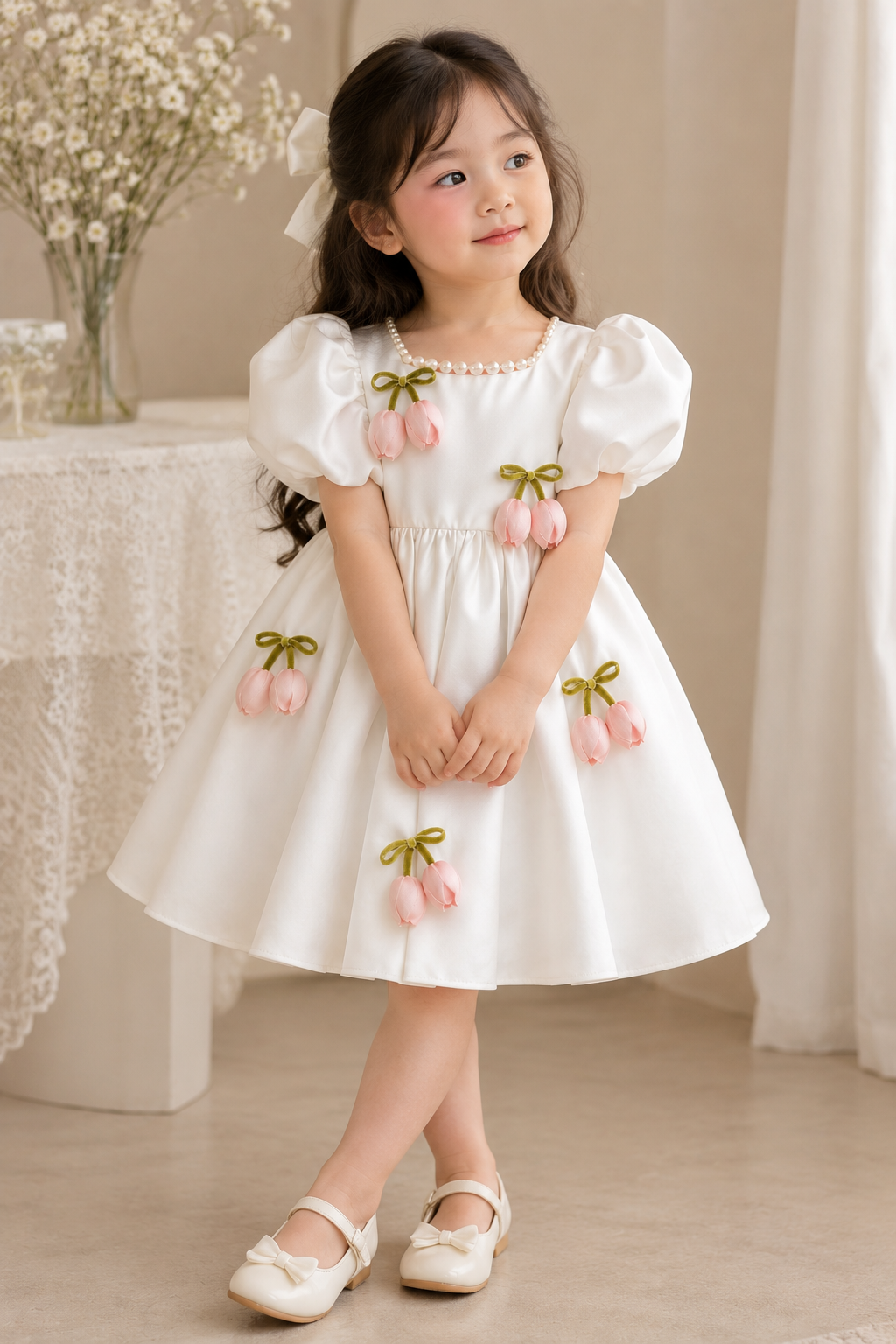 A young girl wearing a white puff-sleeve dress with pink cherry embellishments and white Mary Jane shoes, standing in a softly lit indoor room with curtains and a table in the background.