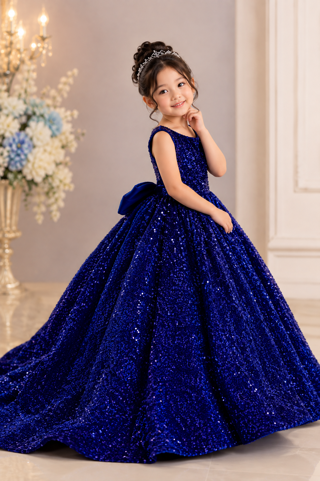 A young girl wearing a royal blue sequined ball gown with a sweetheart neckline and a large bow at the waist, posing in an elegant indoor setting with a chandelier and floral arrangement in the background.