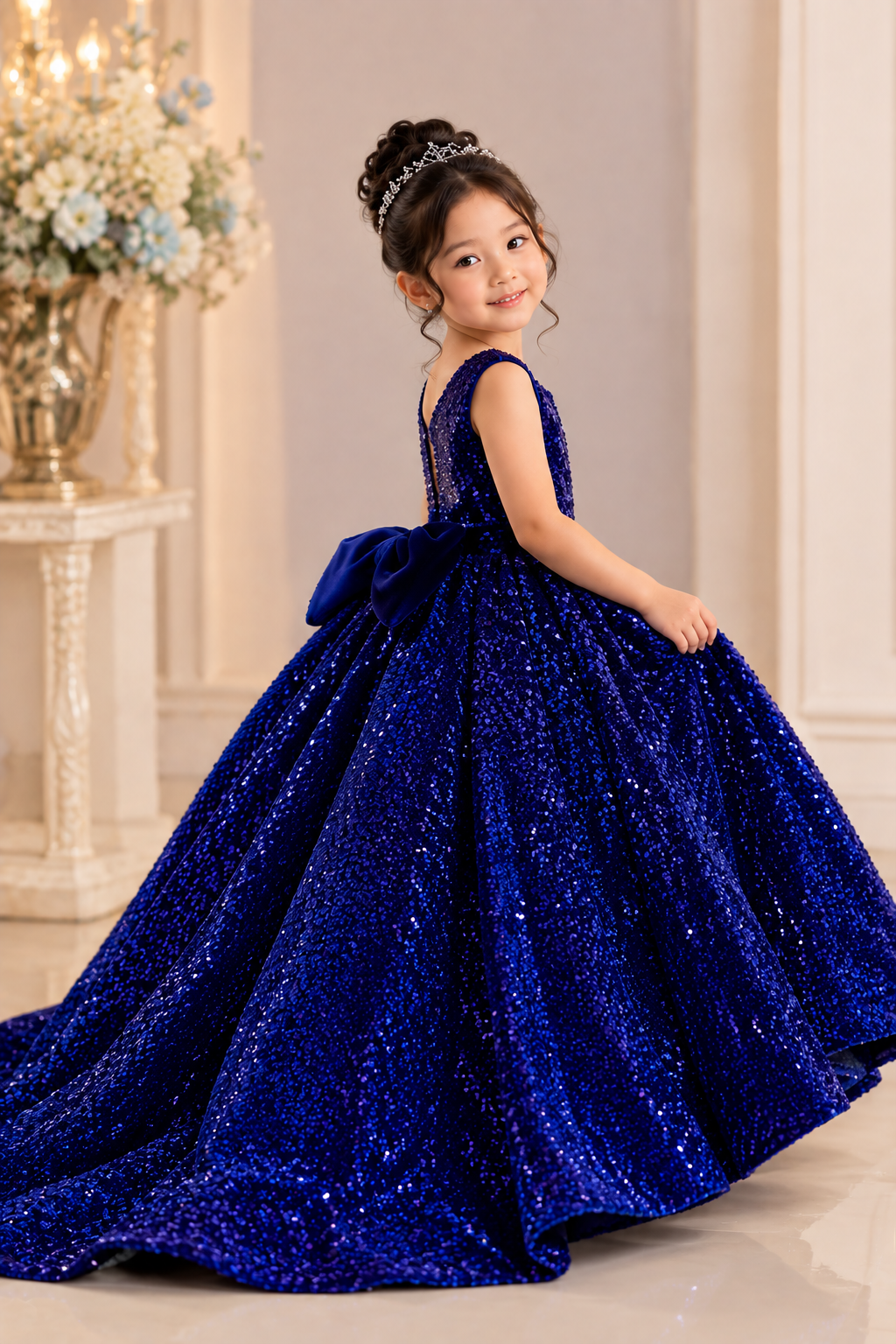 Girl wearing royal blue sequin princess  dress with train and tiara - Aatish Kids