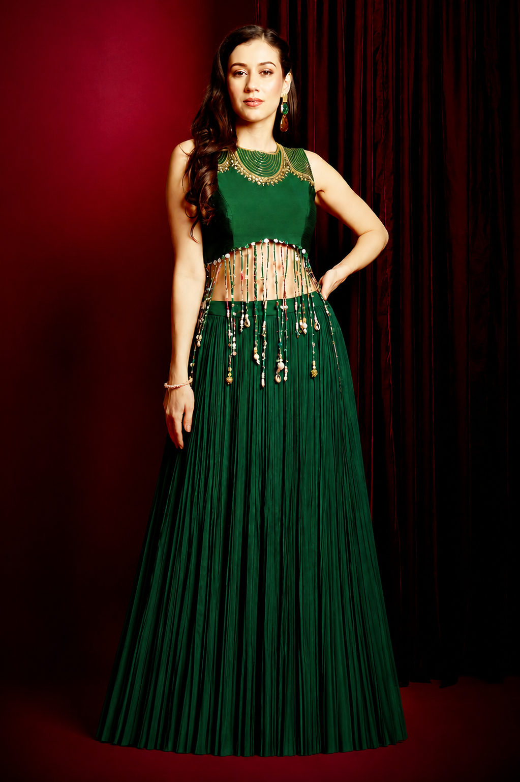 Bottle Green Beaded Skirt Set