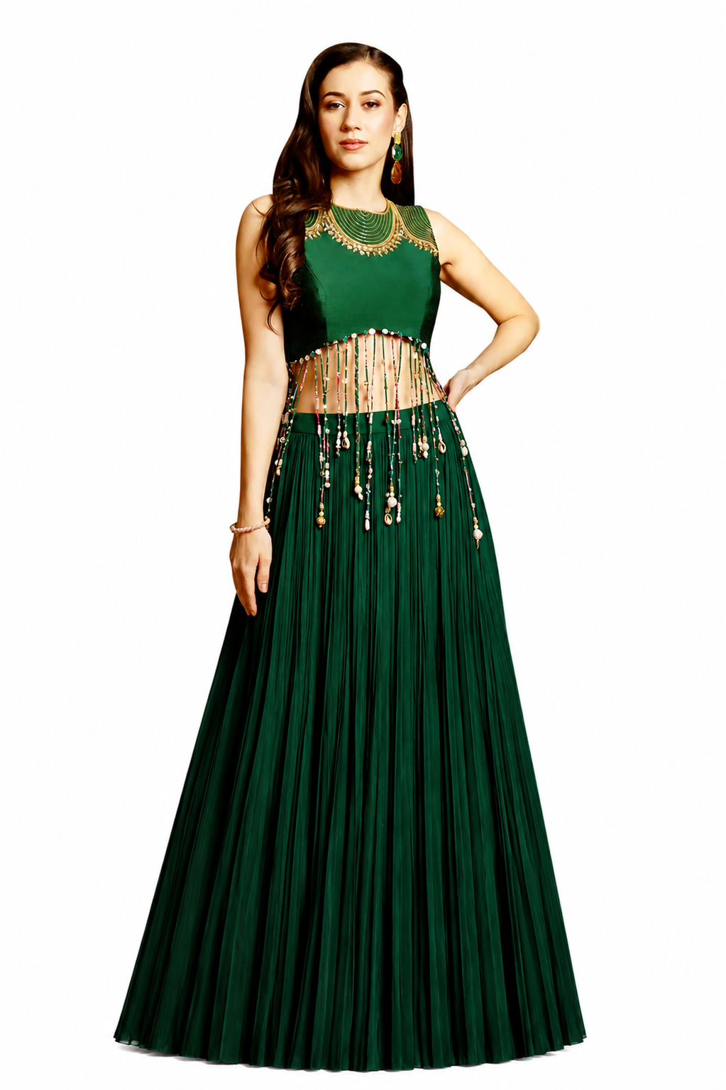 Bottle Green Beaded Skirt Set