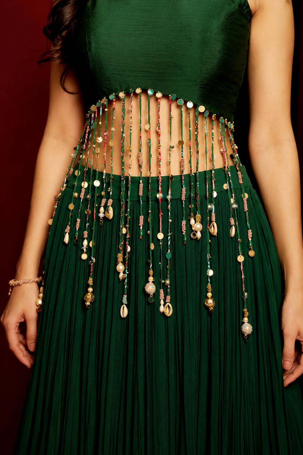 Bottle Green Beaded Skirt Set