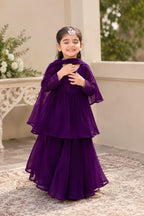 A young girl wearing a deep purple tiered tunic and flared skirt outfit with a matching sheer cape, standing on a patterned rug in an elegant outdoor setting.