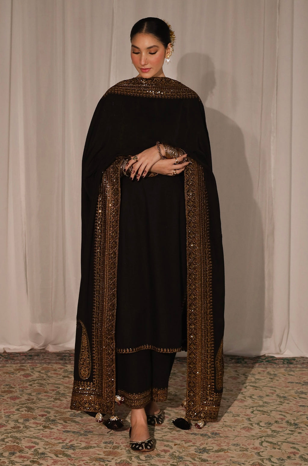 Midnight Bloom Black 3pc Set with Sequin Dupatta