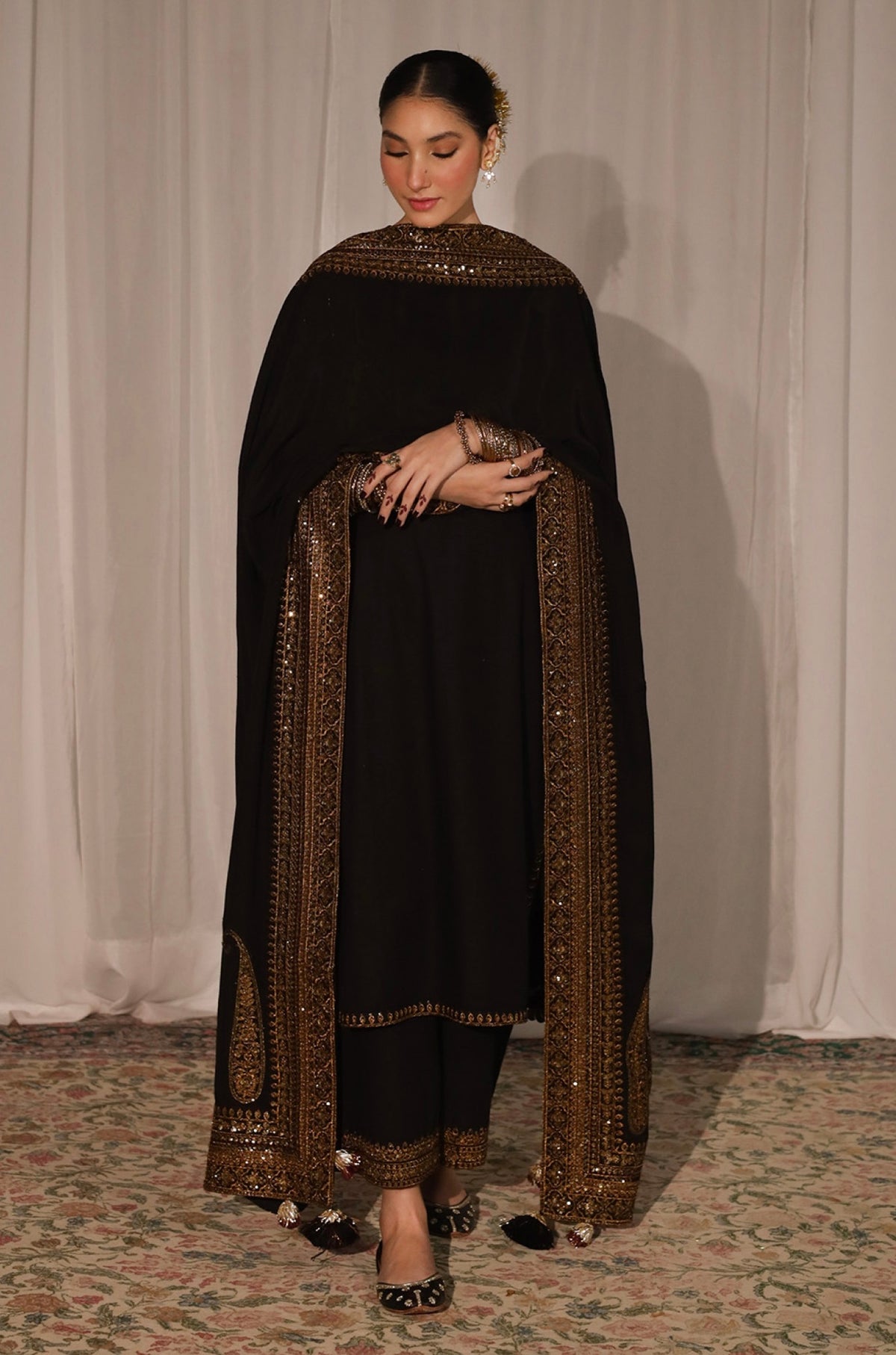 Midnight Bloom Black 3pc Set with Sequin Dupatta
