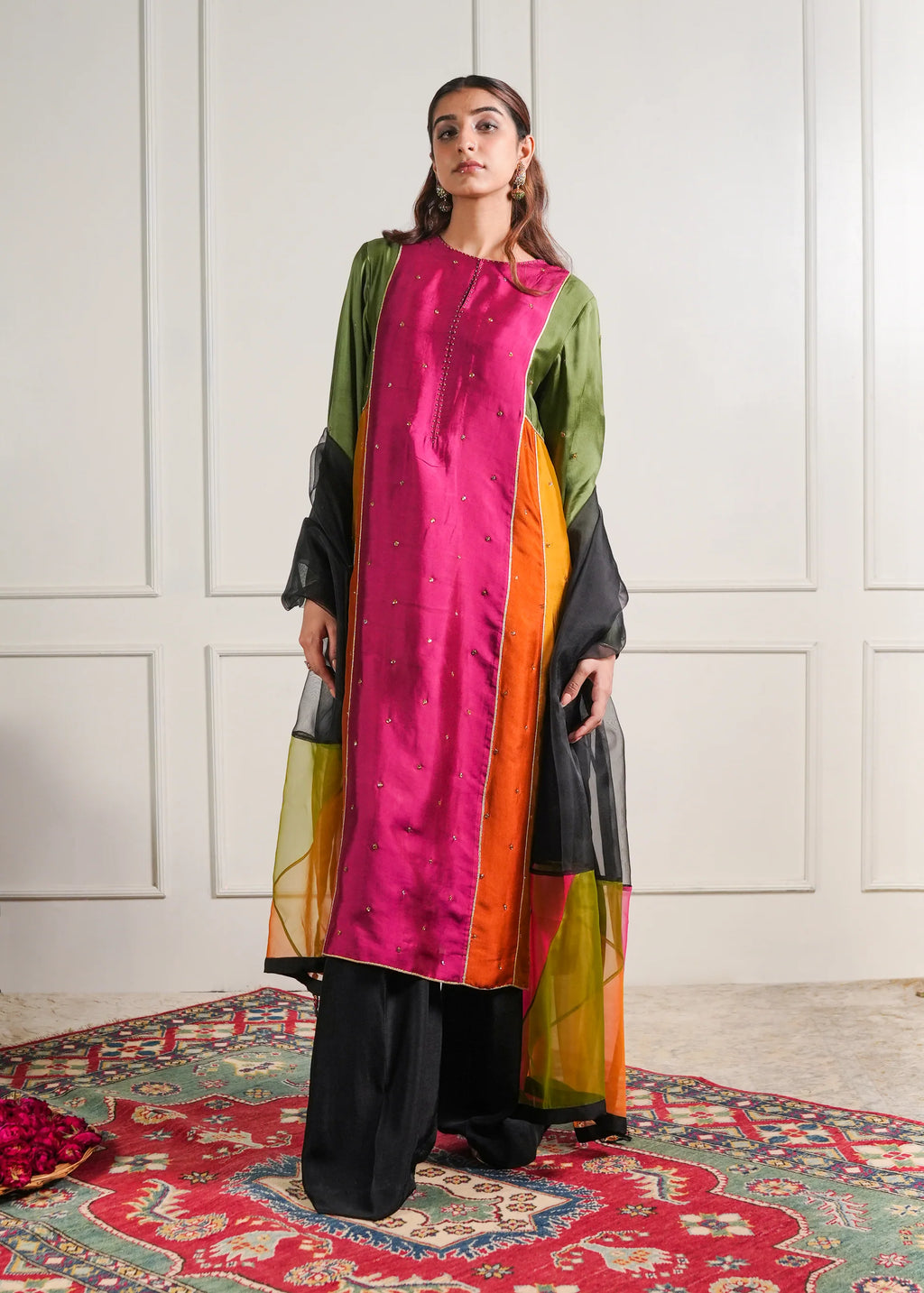 Color-Block Silk Tunic Set with Organza Dupatta
