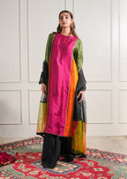 Color-Block Silk Tunic Set with Organza Dupatta