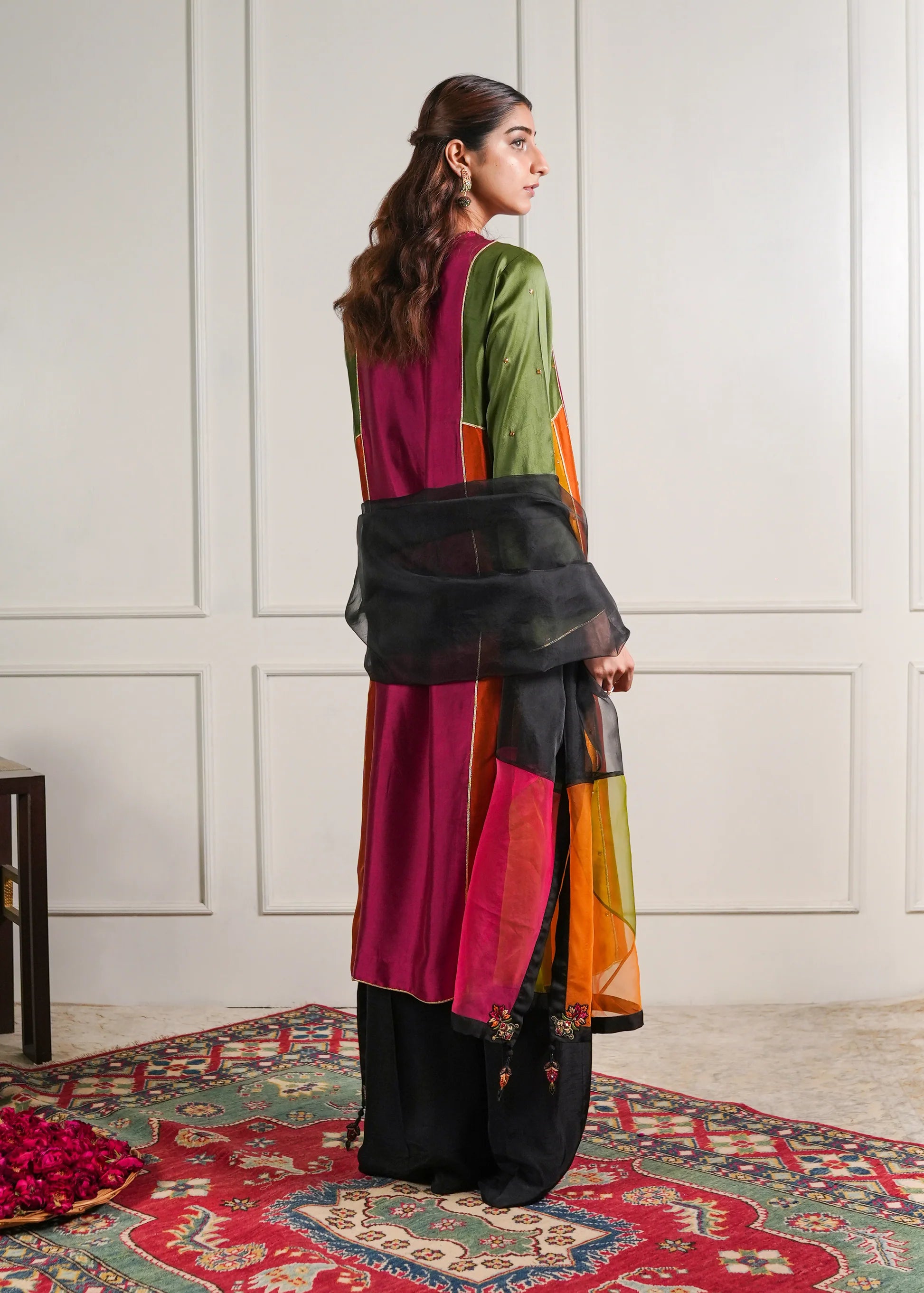 Color-Block Silk Tunic Set with Organza Dupatta