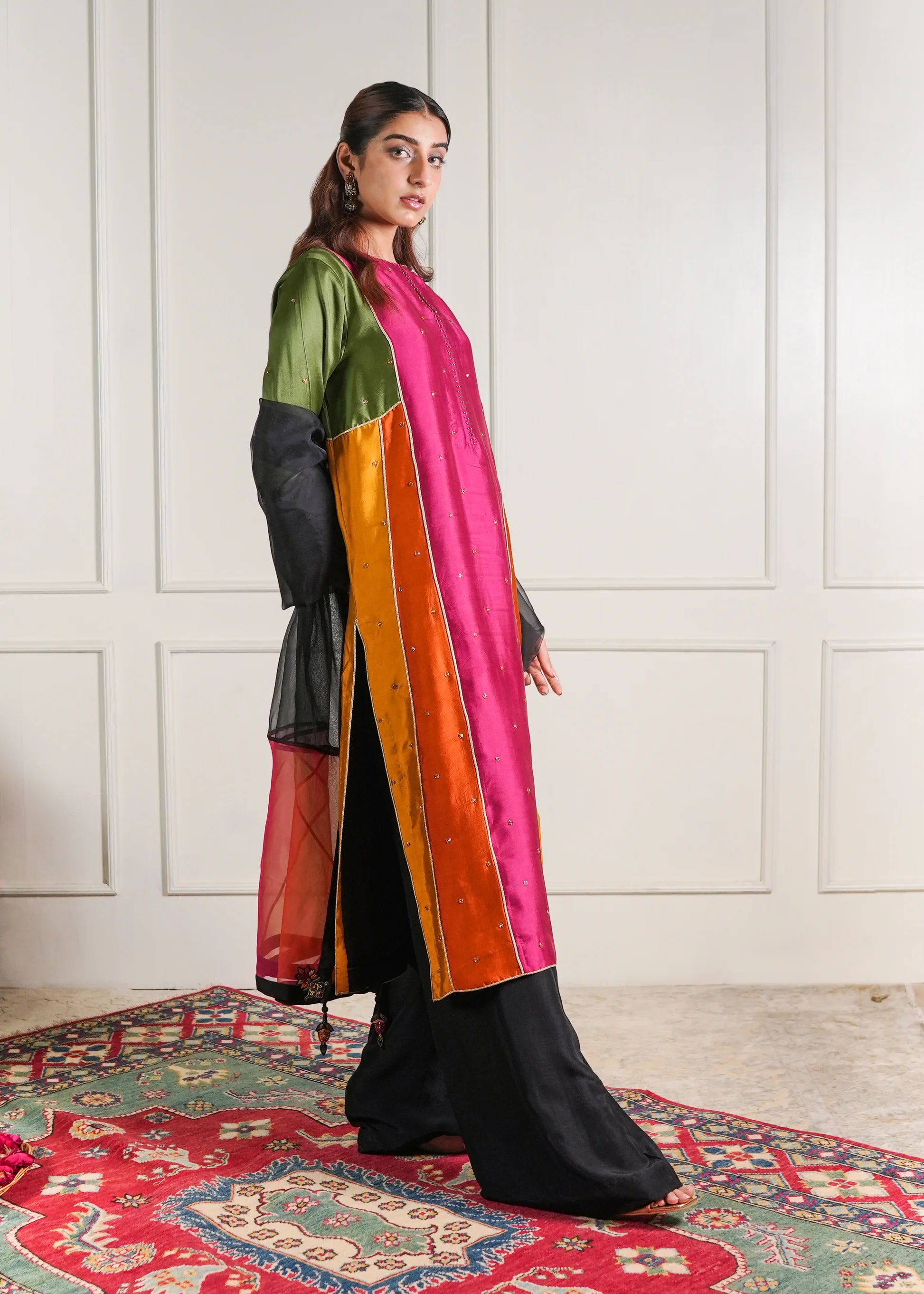 Color-Block Silk Tunic Set with Organza Dupatta