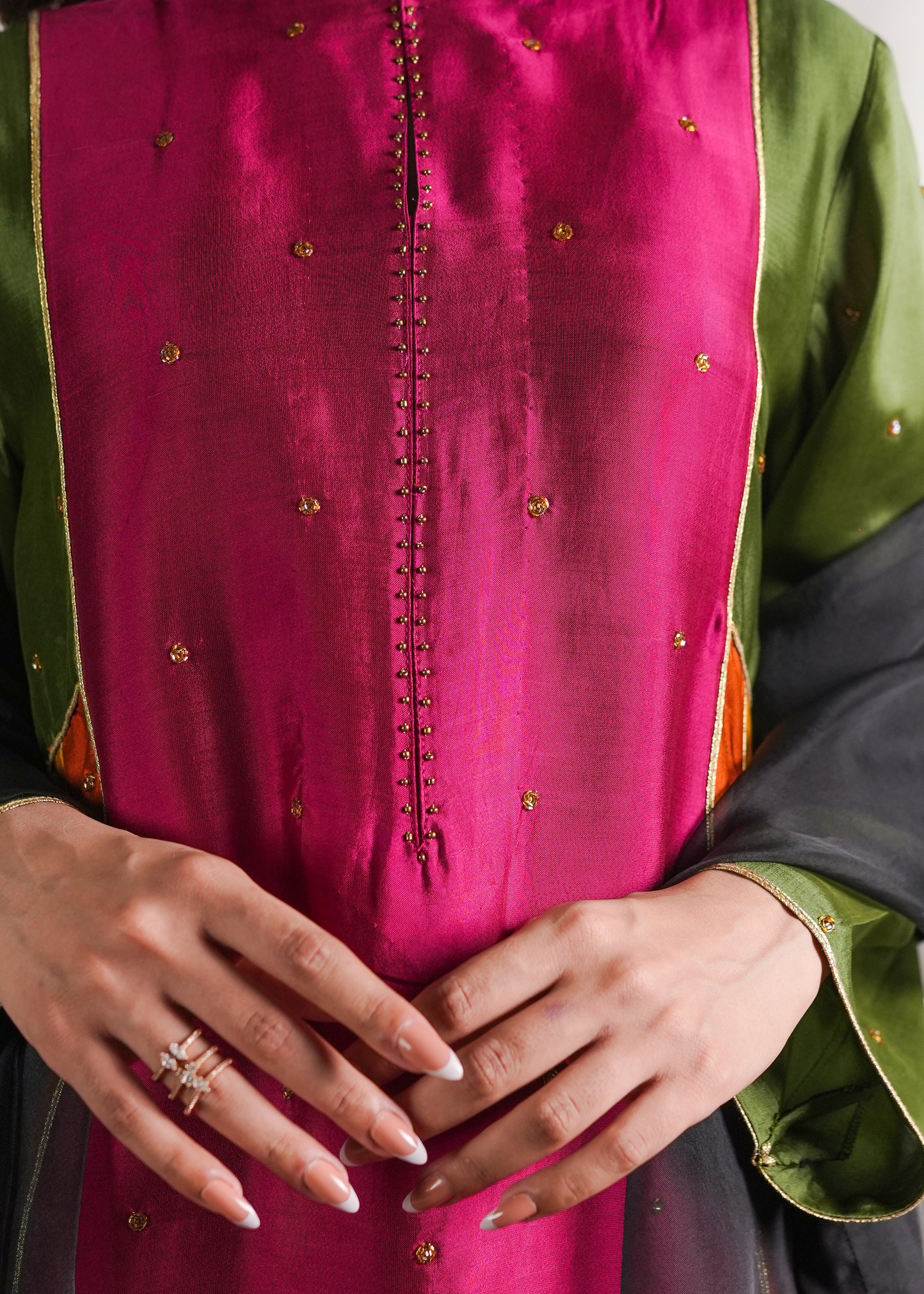 Color-Block Silk Tunic Set with Organza Dupatta