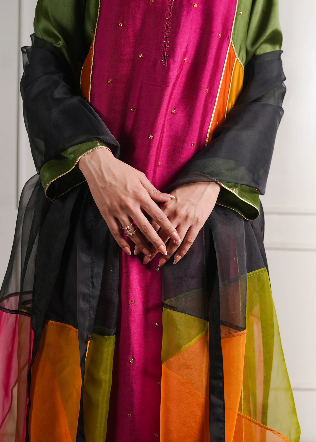 Color-Block Silk Tunic Set with Organza Dupatta