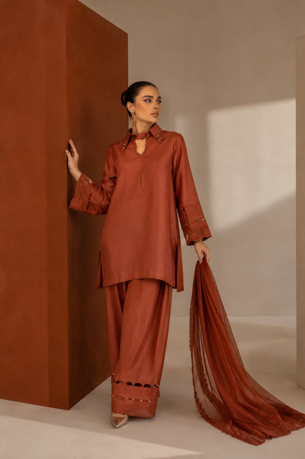 Rust Formal 3PC Suit with Lace Detailing