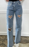 Crystal Embellished Heart Cutout Jeans