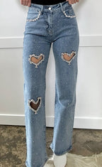 Crystal Embellished Heart Cutout Jeans