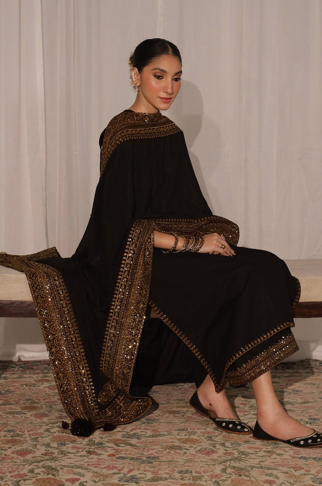 Midnight Bloom Black 3pc Set with Sequin Dupatta