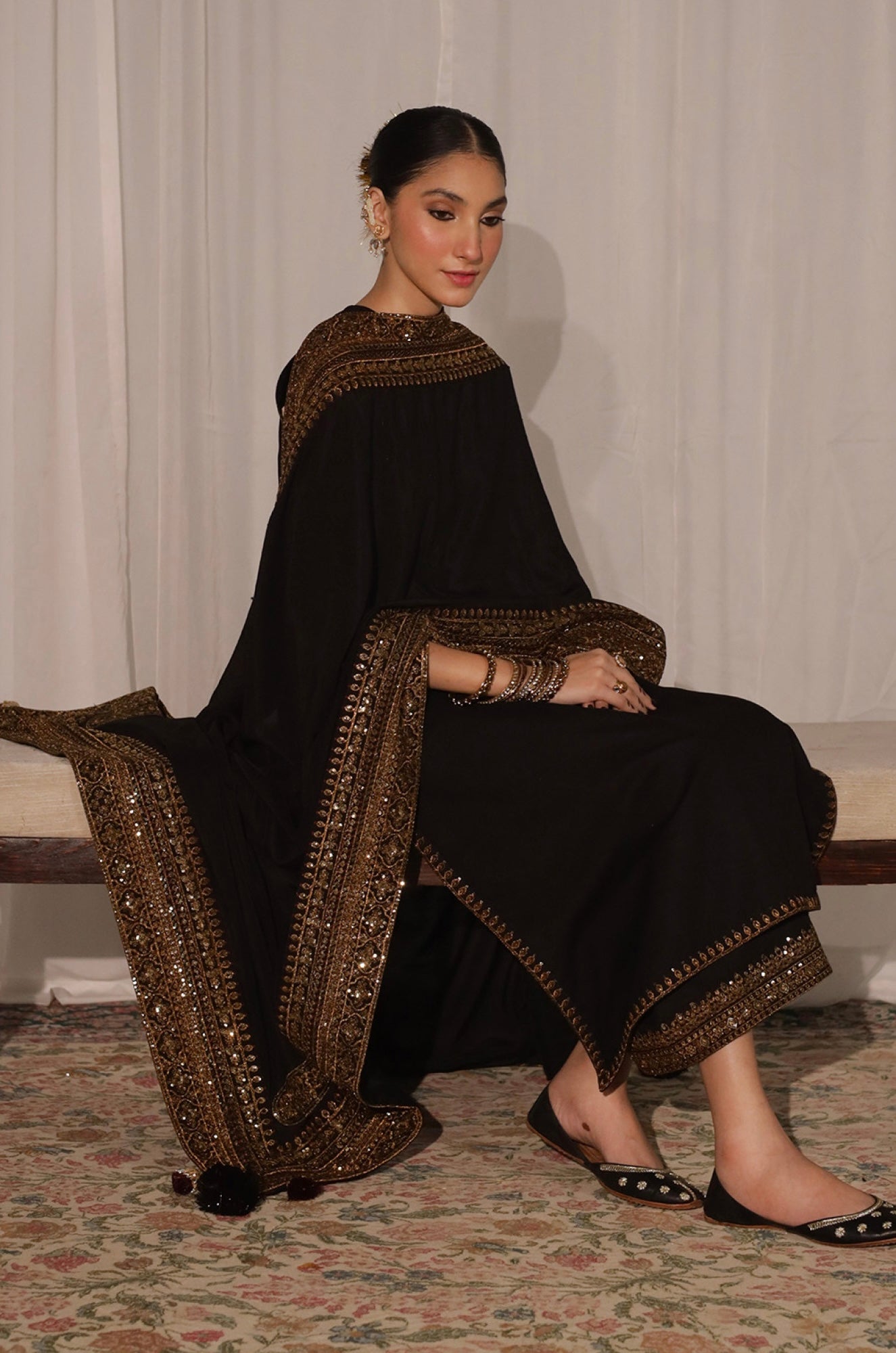 Midnight Bloom Black 3pc Set with Sequin Dupatta