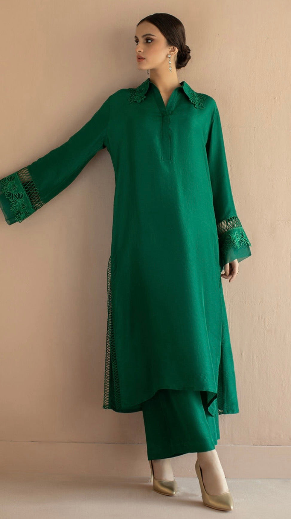 Emerald  Kurta Set with Net Panels