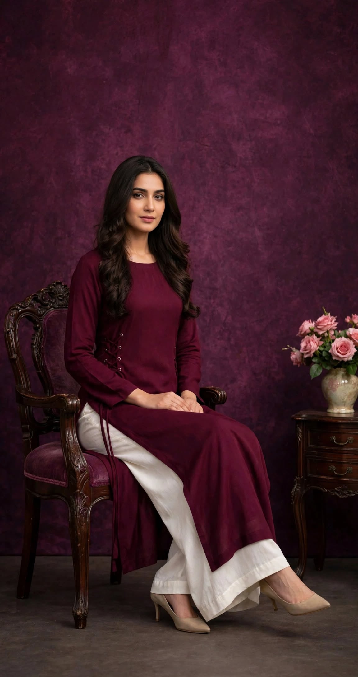 Maroon Side Tie Kurta with White Palazzo