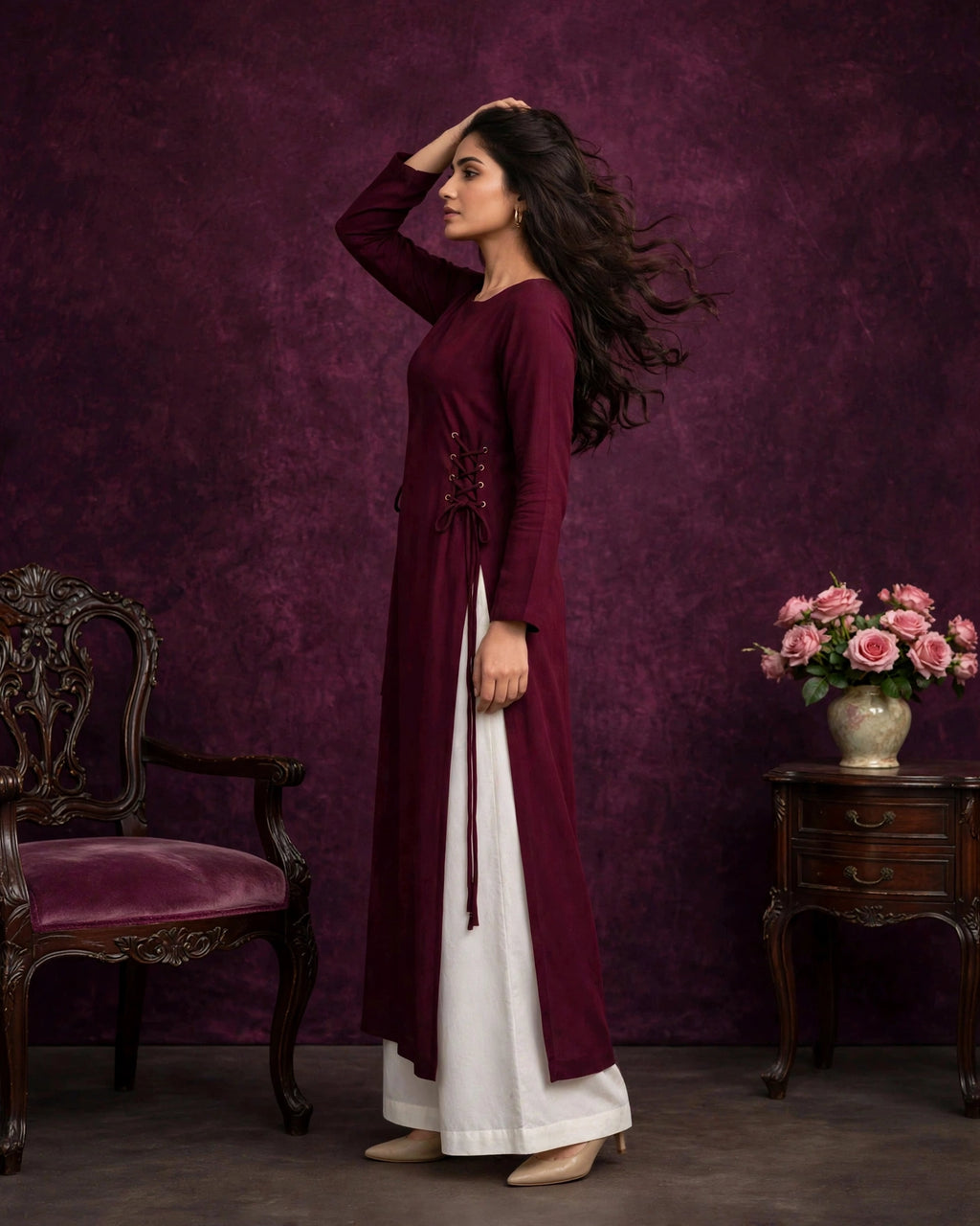 Maroon Side Tie Kurta with White Palazzo