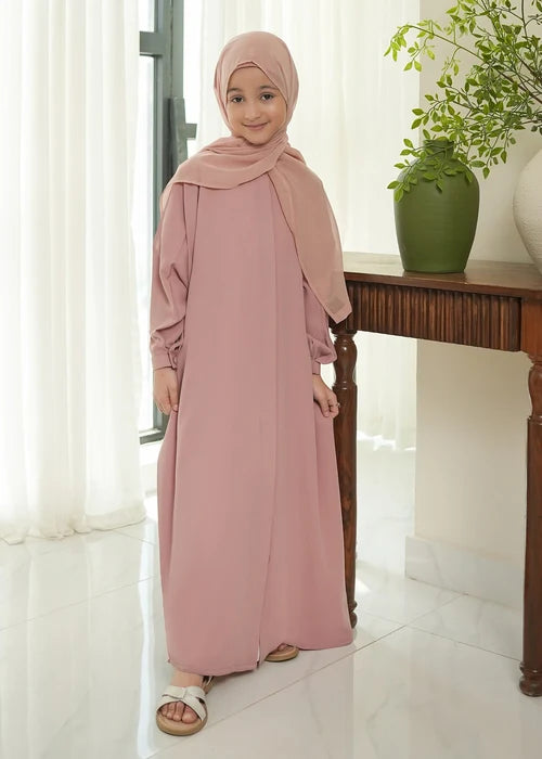 Girls modest wear abaya and hijab set, front view