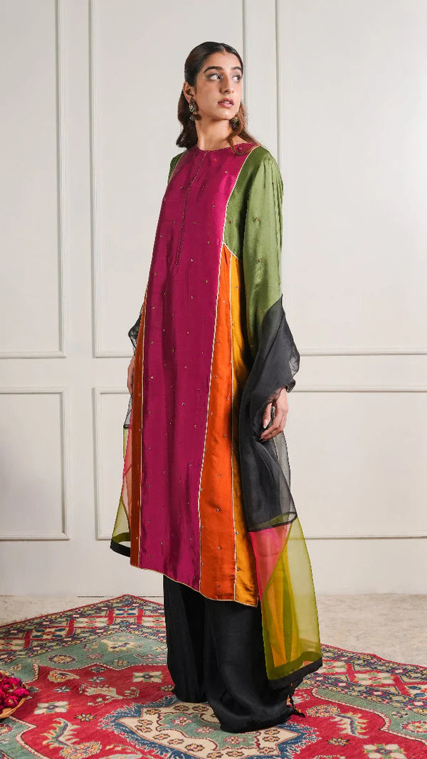 Color-Block Silk Tunic Set with Organza Dupatta
