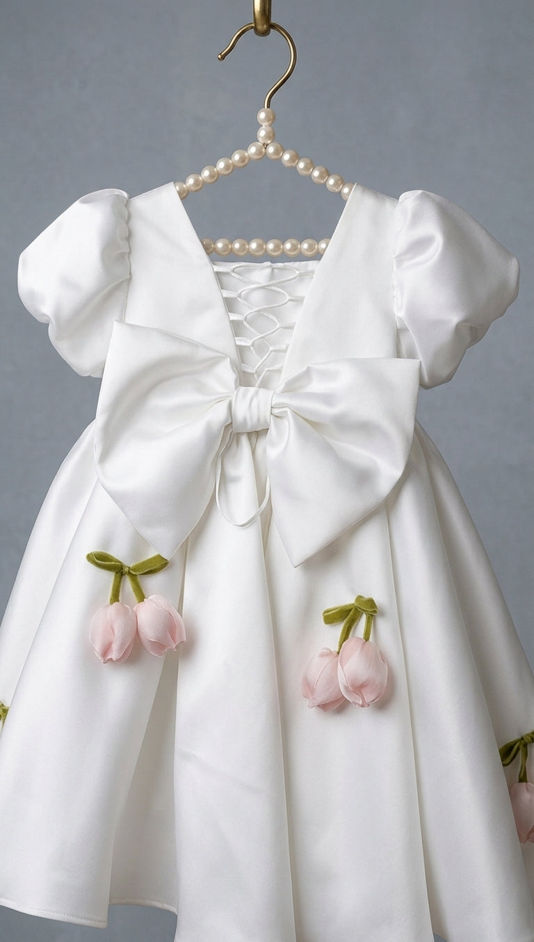 A white satin girls' dress hanging on a pearl-beaded hanger against a gray background. The dress features a large bow at the front, puffed short sleeves, lace-up back detailing, and pink tulip appliqués with green stems.