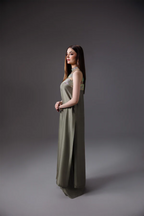 OLIVE SILK CRYSTAL-NECK ENSEMBLE